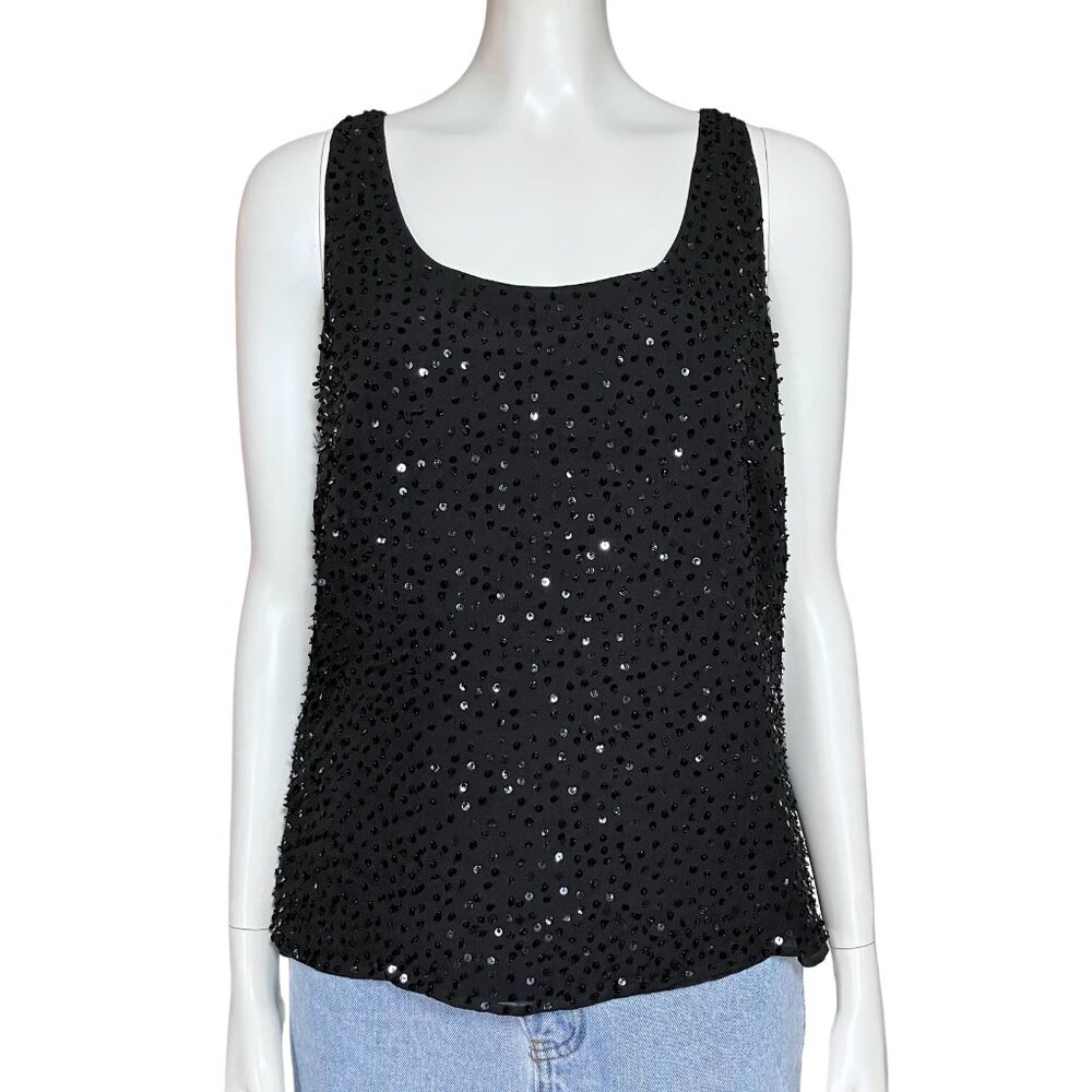 Vintage 90s Black 100% Silk Beaded Sequin Going Out Top S/M Whimisigoth Gothic - Picture 2 of 12